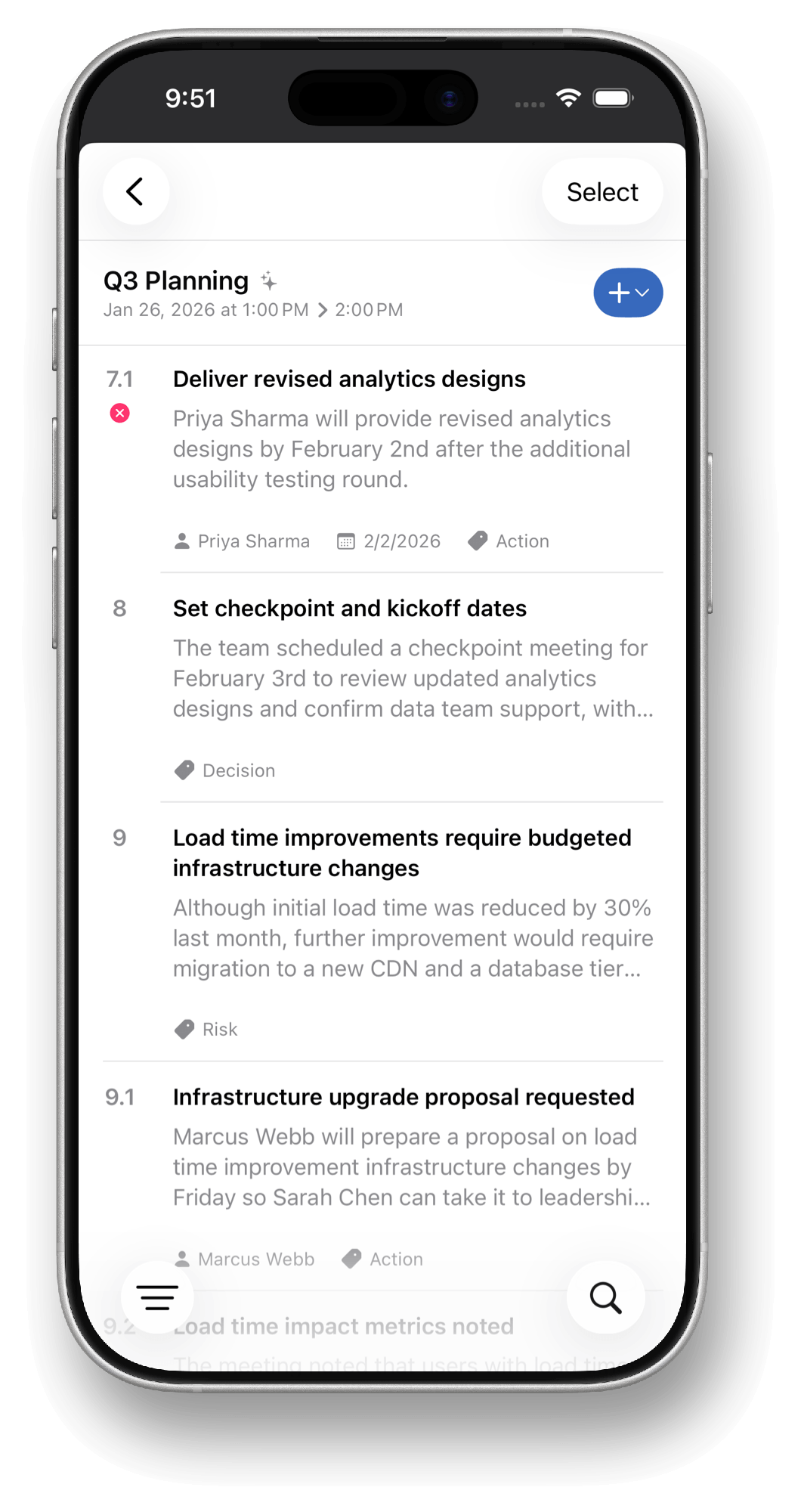 MinuteTaker showing structured meeting minutes with decisions, action items, owners, and due dates