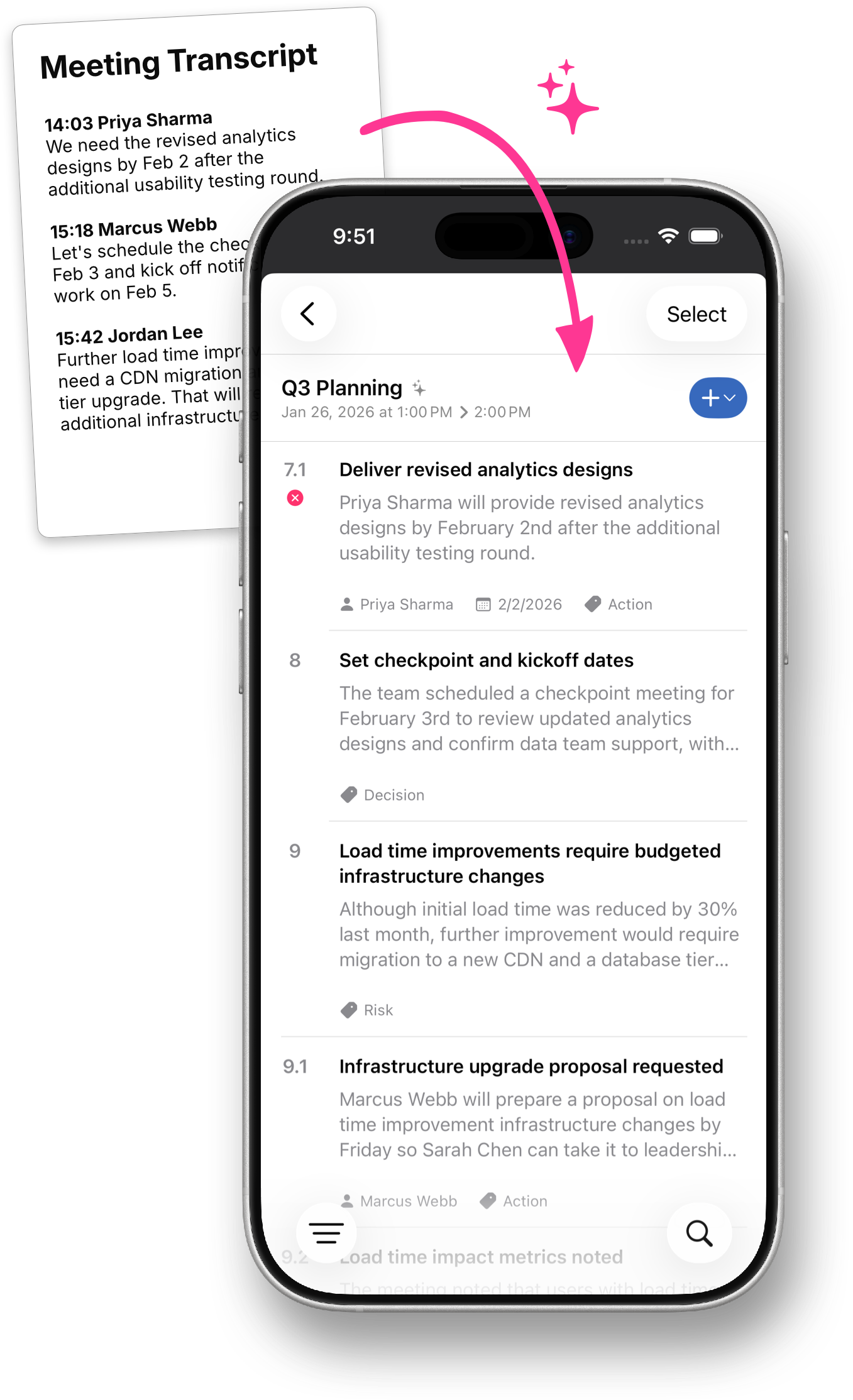 MinuteTaker transcript to meeting minutes draft with agenda, decisions, action items, owners, and due dates