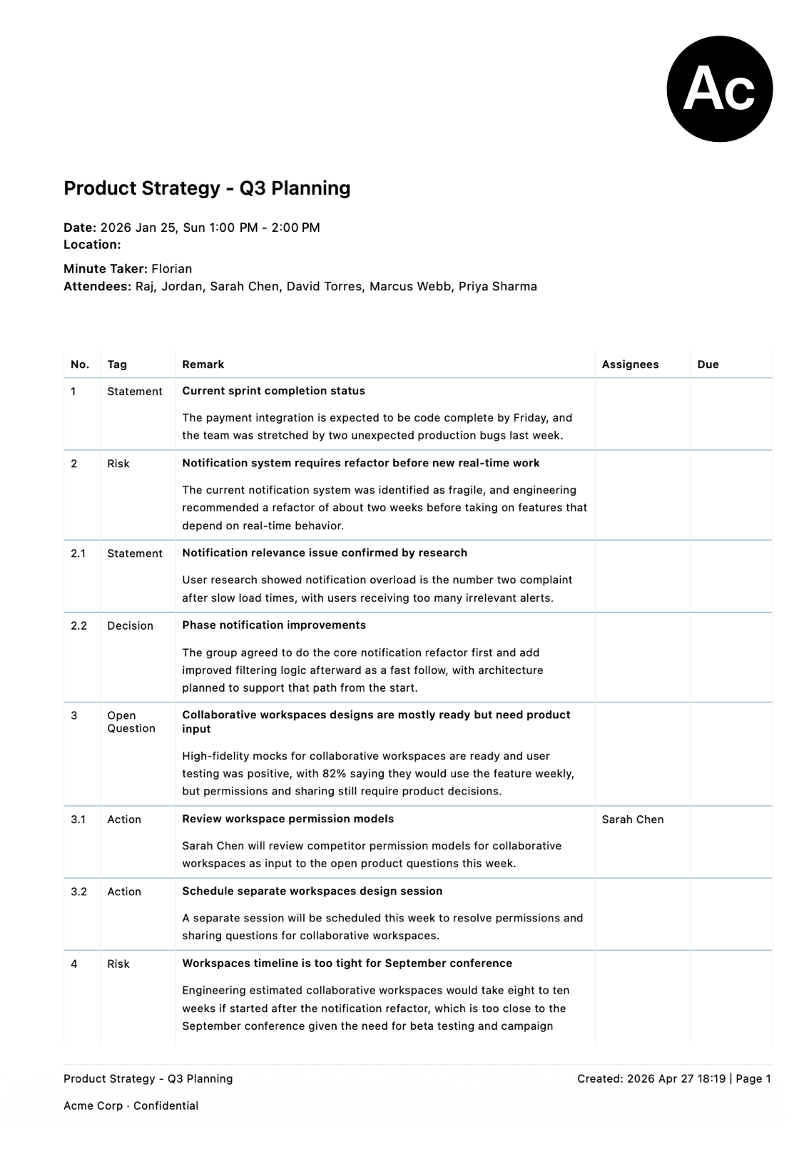 MinuteTaker PDF export first page preview